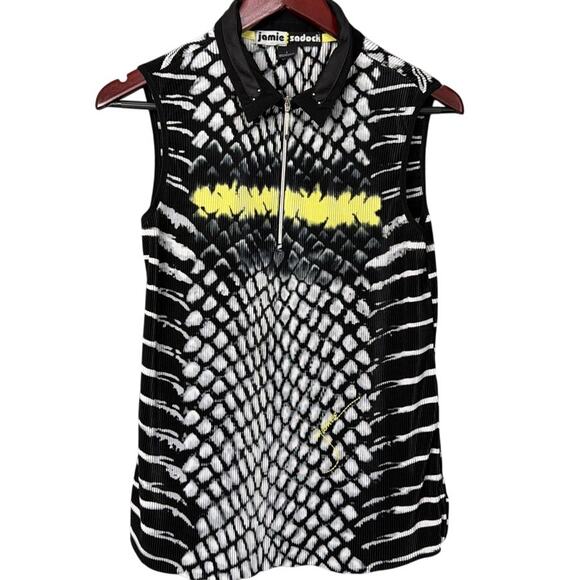 Jamie Sadock Womens Golf Shirt Sleeveless Black White Yellow Crinkle Knit Size L - Picture 1 of 6